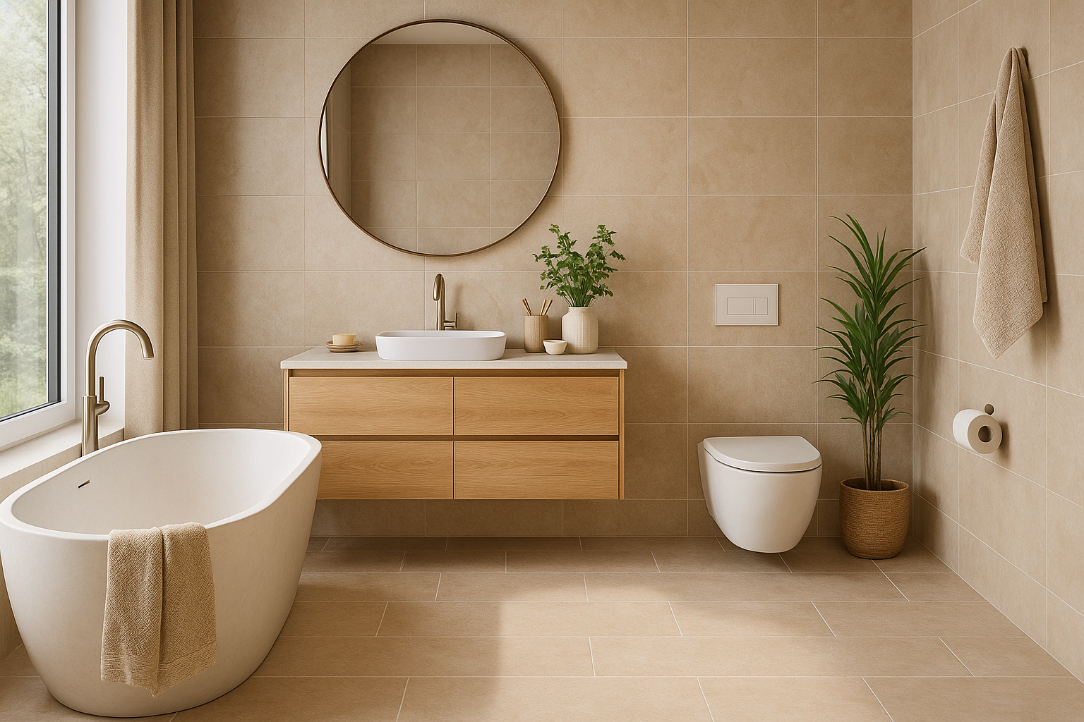 Modernes helles Bad mit beigen Fliesen