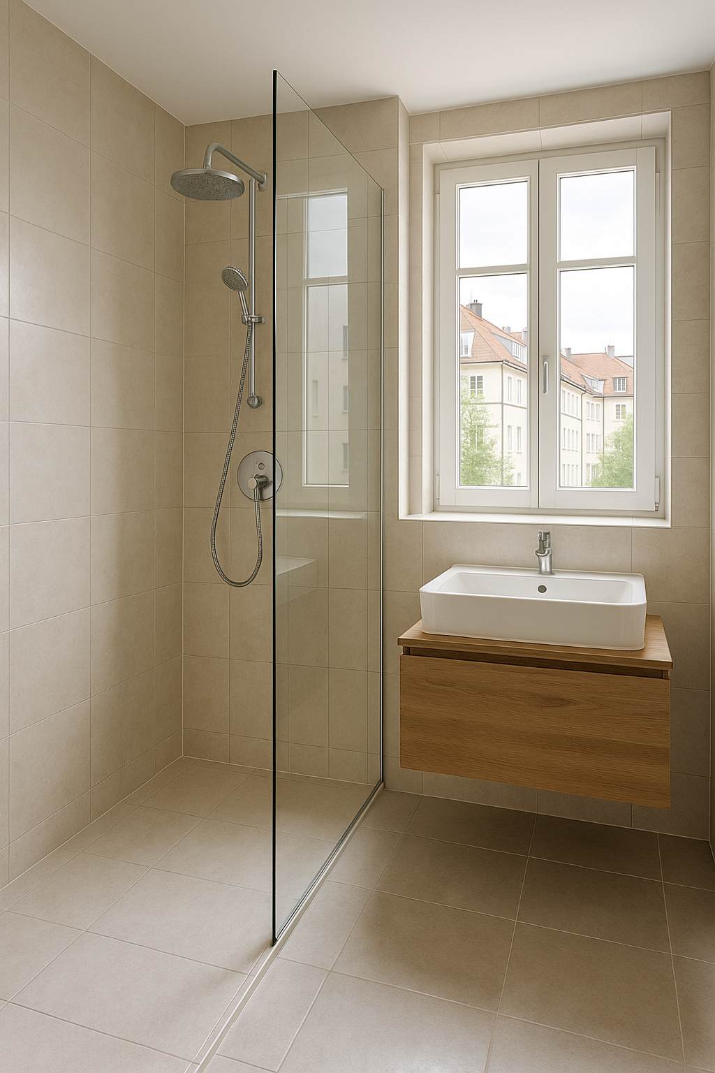 Bad – helle Fliesen, Tageslicht