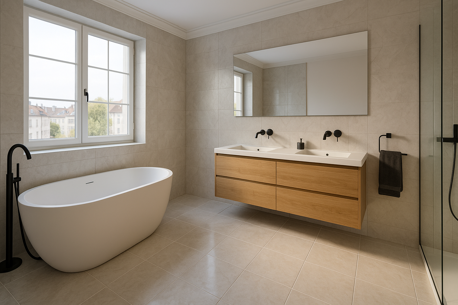 Bad – Wanne, beige Fliesen